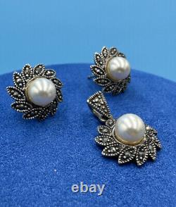 925 Solid Sterling Silver Vintage Real Marcasite & Pearl Earrings & Pendant Set