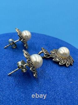 925 Solid Sterling Silver Vintage Real Marcasite & Pearl Earrings & Pendant Set