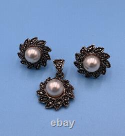 925 Solid Sterling Silver Vintage Real Marcasite & Pearl Earrings & Pendant Set