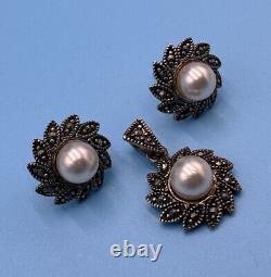 925 Solid Sterling Silver Vintage Real Marcasite & Pearl Earrings & Pendant Set