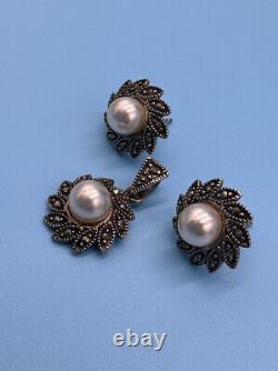 925 Solid Sterling Silver Vintage Real Marcasite & Pearl Earrings & Pendant Set