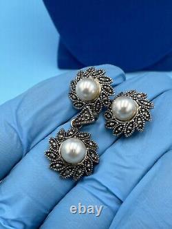 925 Solid Sterling Silver Vintage Real Marcasite & Pearl Earrings & Pendant Set