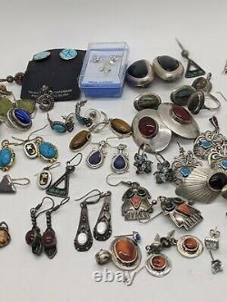 925 Sterling Silver & Gemstone Earrings Pairs Jewelry Lot Vintage Antique 240gr