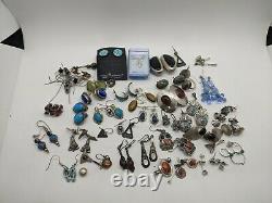 925 Sterling Silver & Gemstone Earrings Pairs Jewelry Lot Vintage Antique 240gr