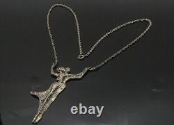 925 Sterling Silver Vintage Modernist Sculpted Couple Chain Necklace NE3466