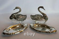 ANTIQUE/VINTAGE PAIR OF STERLING & GLASS SWAN SALT CELLARS withUNDERPLATES-PEPPER