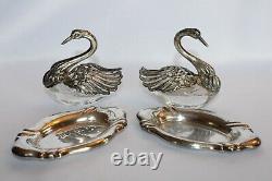 ANTIQUE/VINTAGE PAIR OF STERLING & GLASS SWAN SALT CELLARS withUNDERPLATES-PEPPER