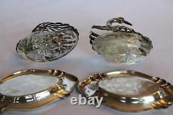 ANTIQUE/VINTAGE PAIR OF STERLING & GLASS SWAN SALT CELLARS withUNDERPLATES-PEPPER