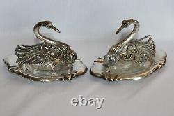 ANTIQUE/VINTAGE PAIR OF STERLING & GLASS SWAN SALT CELLARS withUNDERPLATES-PEPPER