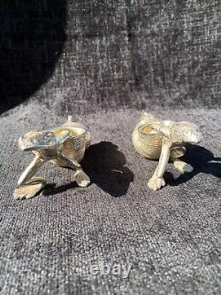 A Pair Of Silver Plate Vintage Frogs Pulling A Snail Shell With A Beatle On