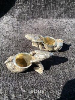 A Pair Of Silver Plate Vintage Frogs Pulling A Snail Shell With A Beatle On