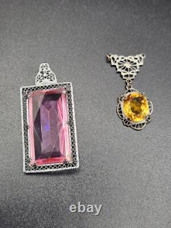 A Pair of Vintage Art Deco Ornate Yellow and Pink Stone Silver Tone Pendants