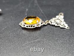 A Pair of Vintage Art Deco Ornate Yellow and Pink Stone Silver Tone Pendants