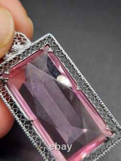 A Pair of Vintage Art Deco Ornate Yellow and Pink Stone Silver Tone Pendants