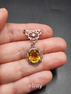 A Pair of Vintage Art Deco Ornate Yellow and Pink Stone Silver Tone Pendants