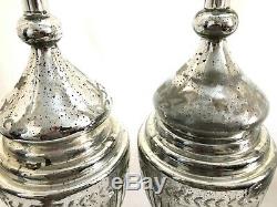 A Vintage Pair of Large Carved & Etched, Footed Mercury Glass Urns, Vases withlids