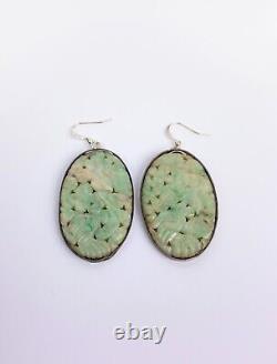A pair of Vintage Silver Carved Jade Earrings