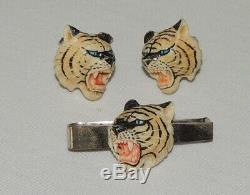 Absolutely Stunning pair of vintage Sterling Silver hand carved Tiger cufflinks
