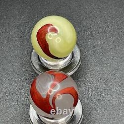 Akro Oxblood Marble Pair Akro Lemonade & Silver Oxblood Marbles Vintage Marbles