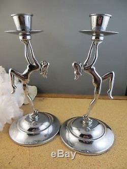 Antigue Vintage Art Deco Nude Dancer Woman Lady Chrome Candle Stick Holder Pair