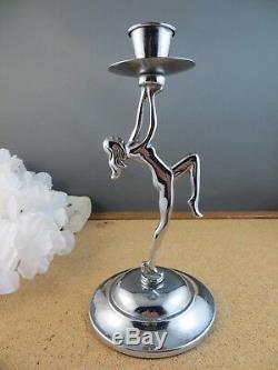 Antigue Vintage Art Deco Nude Dancer Woman Lady Chrome Candle Stick Holder Pair