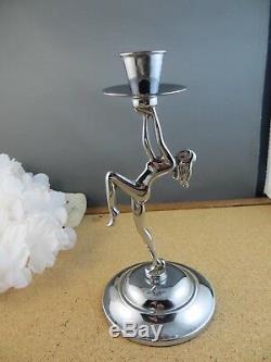 Antigue Vintage Art Deco Nude Dancer Woman Lady Chrome Candle Stick Holder Pair