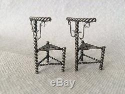 Antique Dutch Silver Miniature Pair of Chairs Doll House Furniture