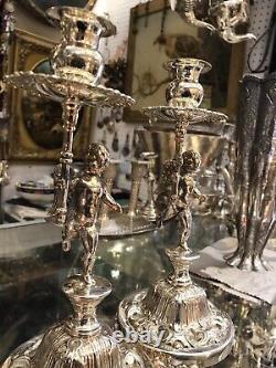 Antique Or Vintage Pair Of Solid Silver Candlestick With Churbe Figure Holders