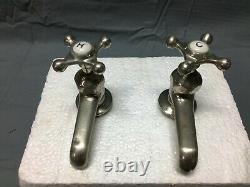 Antique Pair Nickel Brass Crane Porcelain Cap Faucets Bathroom Old VTG 131-22B