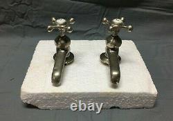 Antique Pair Nickel Brass Crane Porcelain Cap Faucets Bathroom Old VTG 131-22B