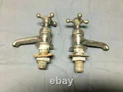 Antique Pair Nickel Brass Crane Porcelain Cap Faucets Bathroom Old VTG 131-22B