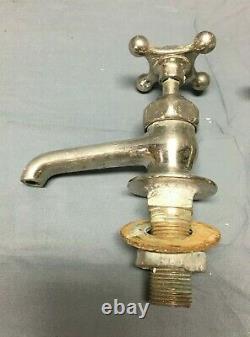 Antique Pair Nickel Brass Crane Porcelain Cap Faucets Bathroom Old VTG 131-22B