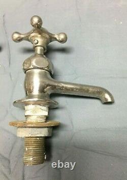 Antique Pair Nickel Brass Crane Porcelain Cap Faucets Bathroom Old VTG 131-22B