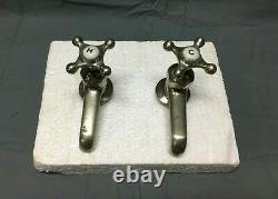 Antique Pair Nickel Brass Crane Porcelain Cap Faucets Bathroom Old VTG 131-22B