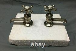 Antique Pair Nickel Brass Crane Porcelain Cap Faucets Bathroom Old VTG 131-22B