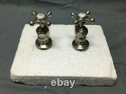 Antique Pair Nickel Brass Crane Porcelain Cap Faucets Bathroom Old VTG 131-22B