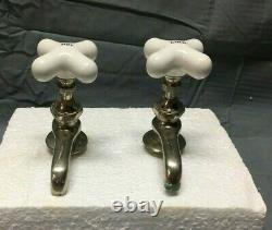 Antique Pair Nickel Brass Empire Bath Faucets Porcelain Handles old VTG 121-22B