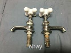 Antique Pair Nickel Brass Empire Bath Faucets Porcelain Handles old VTG 121-22B