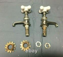 Antique Pair Nickel Brass Empire Bath Faucets Porcelain Handles old VTG 121-22B