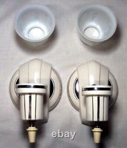 Antique Porcelain Sconce Pair Vtg Light Fixture Art Deco Ceramic Silver USA #B35