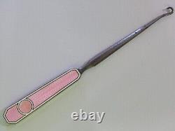 Antique Sterling Silver PINK Guilloche Enamel Button Hook 8-3/8 Courting Couple