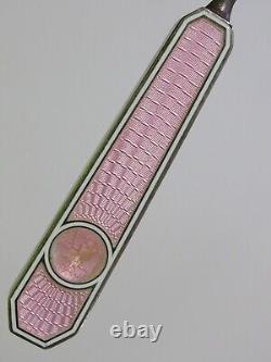 Antique Sterling Silver PINK Guilloche Enamel Button Hook 8-3/8 Courting Couple