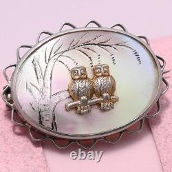 Antique Victorian Pair of Owls Mother Of Pearl Sterling Silver Brooch Pin