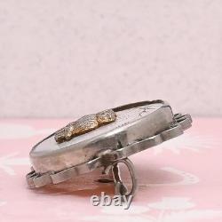Antique Victorian Pair of Owls Mother Of Pearl Sterling Silver Brooch Pin