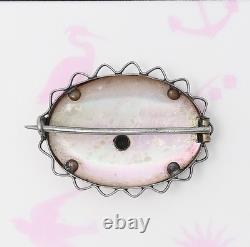 Antique Victorian Pair of Owls Mother Of Pearl Sterling Silver Brooch Pin