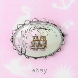 Antique Victorian Pair of Owls Mother Of Pearl Sterling Silver Brooch Pin