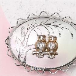 Antique Victorian Pair of Owls Mother Of Pearl Sterling Silver Brooch Pin