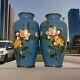 Antique Vintage 7.5 Japanese Cloisonne Vase Blue With Roses Pair Silver Fitting