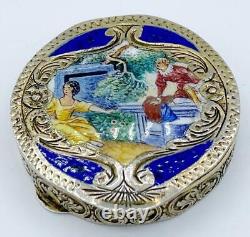 Antique Vintage 800 Silver & Enamel Snuff Pill Box with Scenic Courting Couple