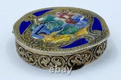 Antique Vintage 800 Silver & Enamel Snuff Pill Box with Scenic Courting Couple